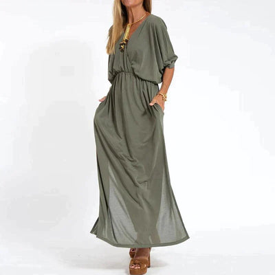 Zavando - Elegantes Boho Maxikleid mit Taillenband Weite Ärmel, Tailliertes Design