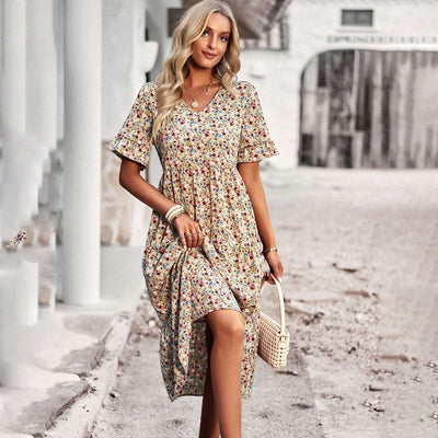 Zavando – Luftiges Boho Midikleid mit Blumenmuster und V-Ausschnitt