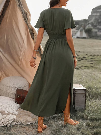 Zavando - Elegantes V-Ausschnitt Langes Boho-Kleid