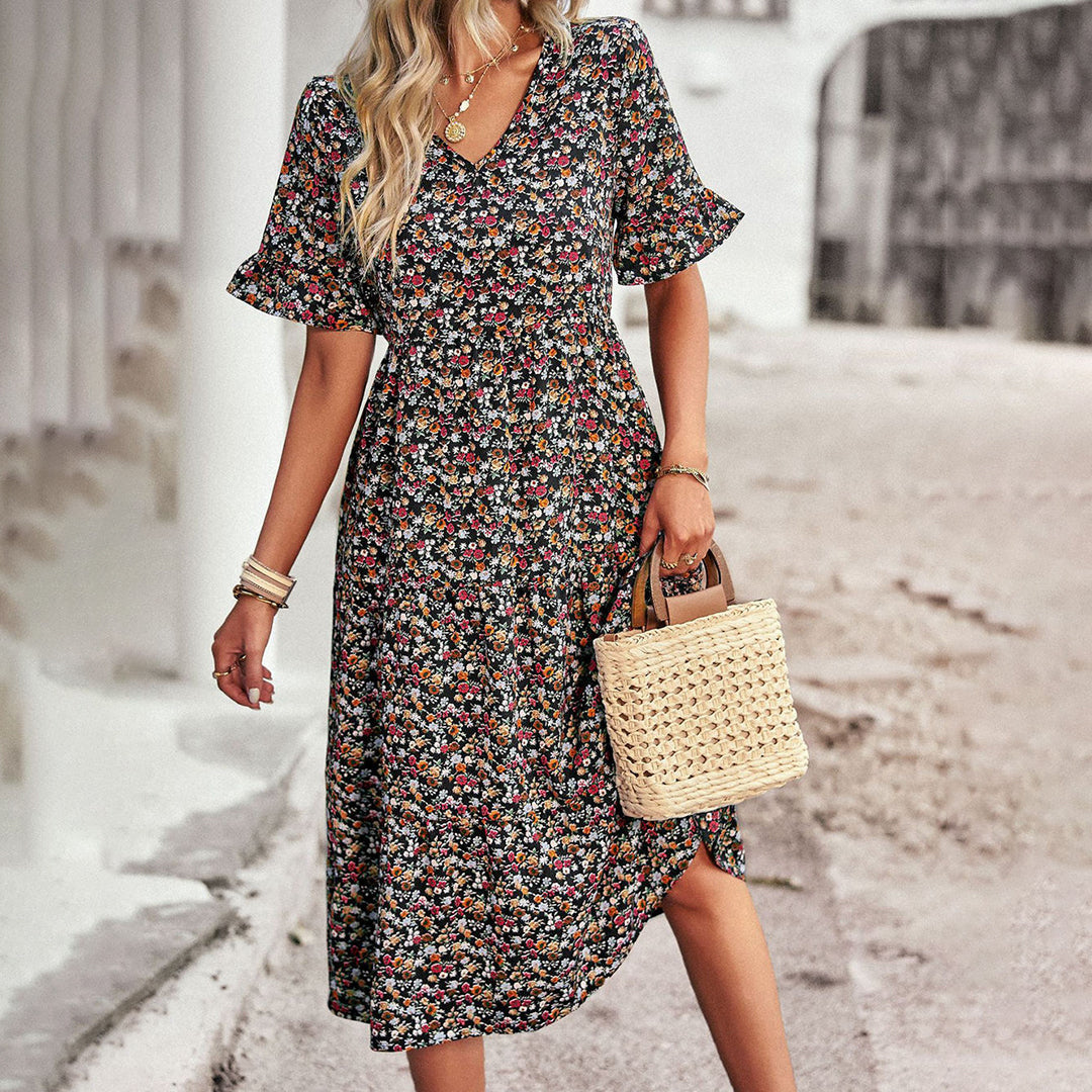 Zavando – Luftiges Boho Midikleid mit Blumenmuster und V-Ausschnitt