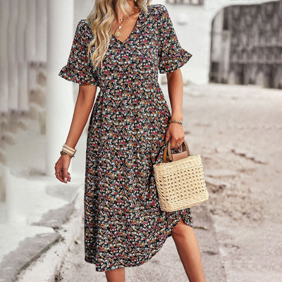 Zavando – Luftiges Boho Midikleid mit Blumenmuster und V-Ausschnitt