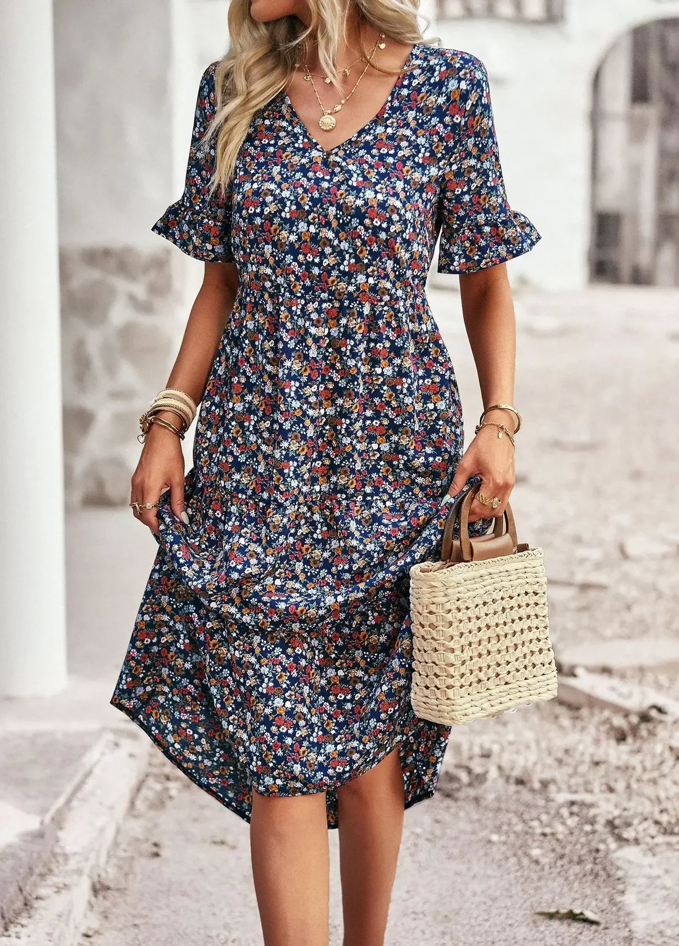 Zavando – Vintage-Kleid mit V-Ausschnitt und Blumenmuster