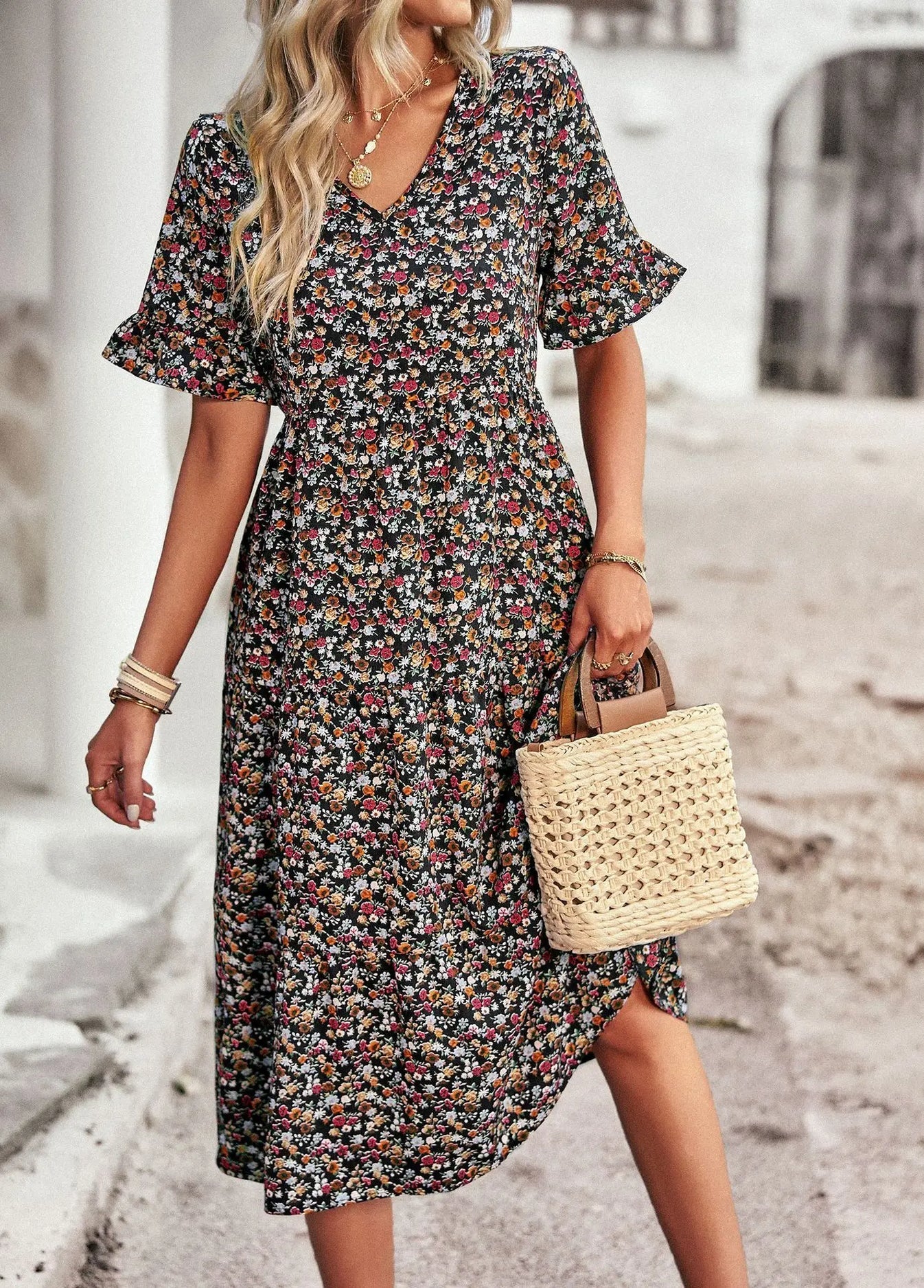 Zavando – Vintage-Kleid mit V-Ausschnitt und Blumenmuster