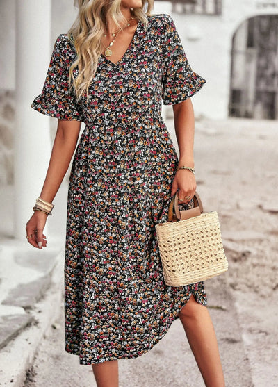 Zavando – Vintage-Kleid mit V-Ausschnitt und Blumenmuster