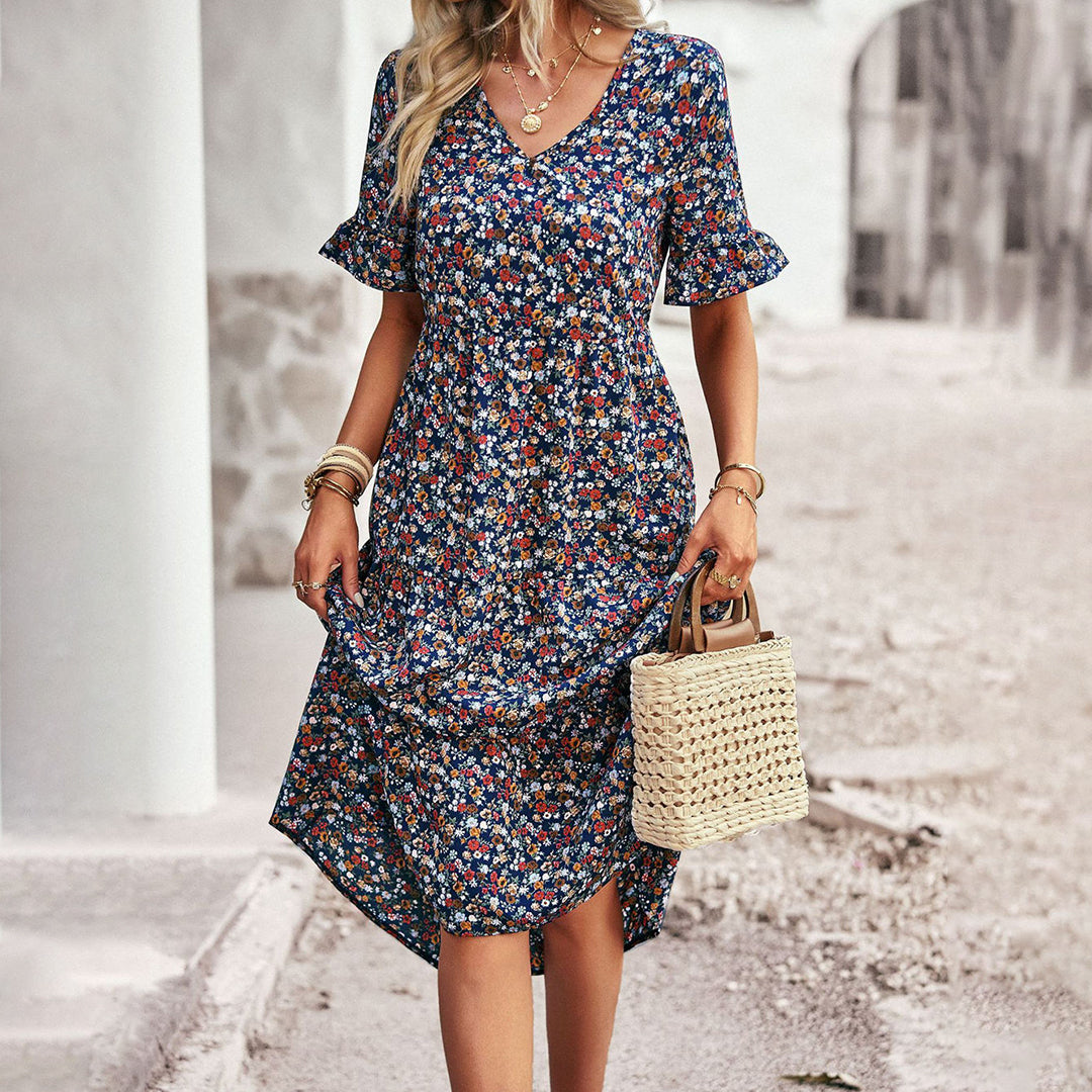 Zavando – Luftiges Boho Midikleid mit Blumenmuster und V-Ausschnitt