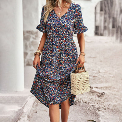 Zavando – Luftiges Boho Midikleid mit Blumenmuster und V-Ausschnitt