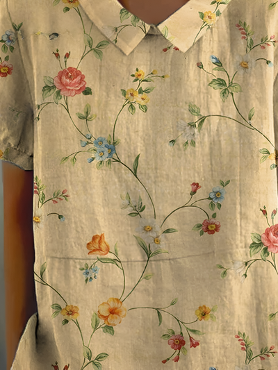 Zavando - Damen Retro Blumen Baumwoll-Leinen Hemd