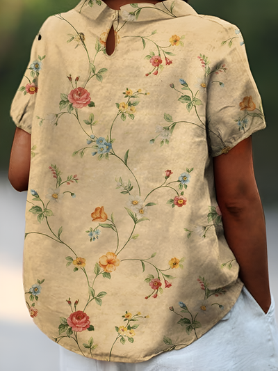 Zavando - Damen Retro Blumen Baumwoll-Leinen Hemd