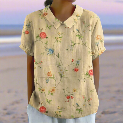 Zavando - Damen Retro Blumen Baumwoll-Leinen Hemd