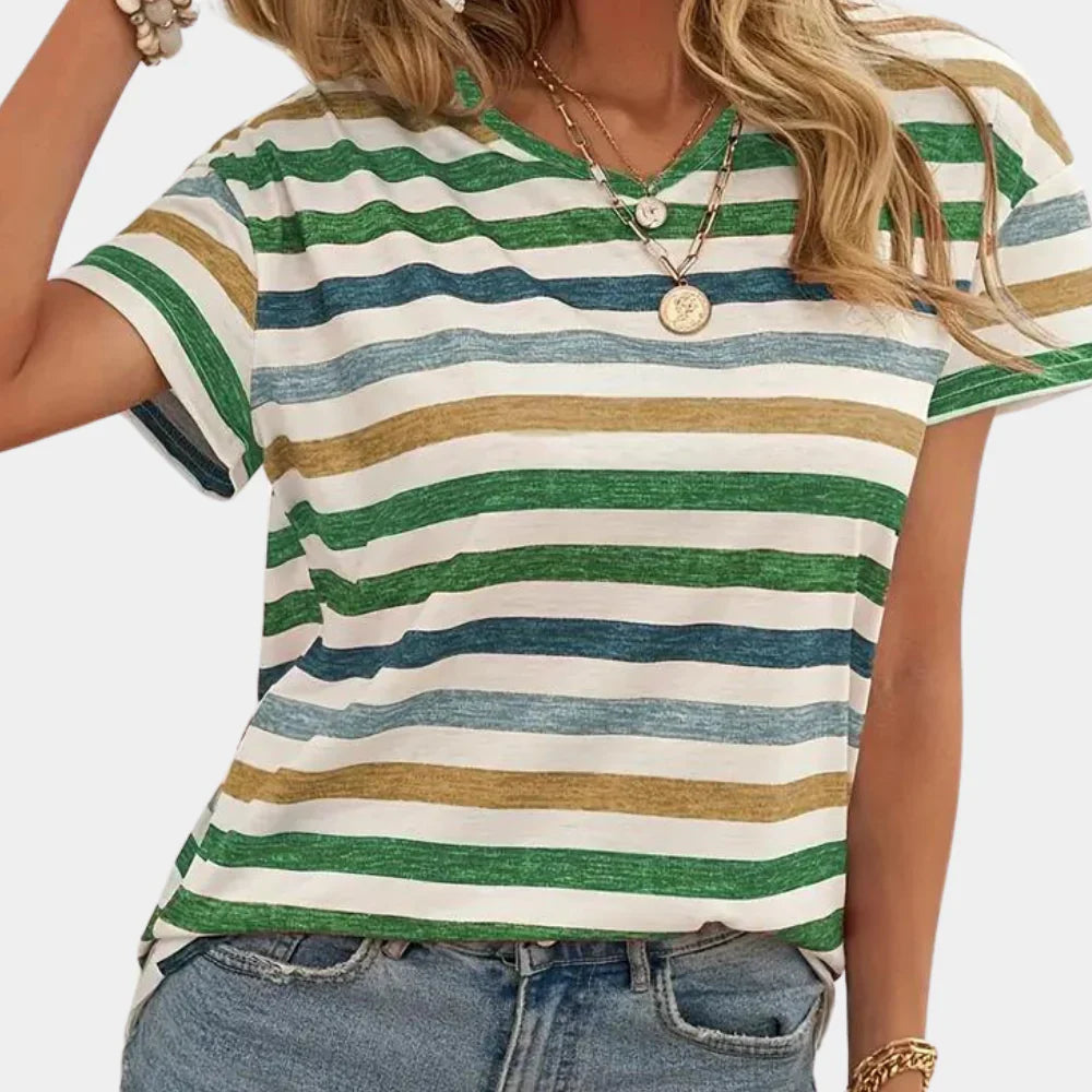 Zavando – Lässiges gestreiftes T-Shirt mit V-Ausschnitt