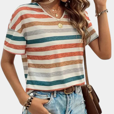 Zavando – Lässiges gestreiftes T-Shirt mit V-Ausschnitt