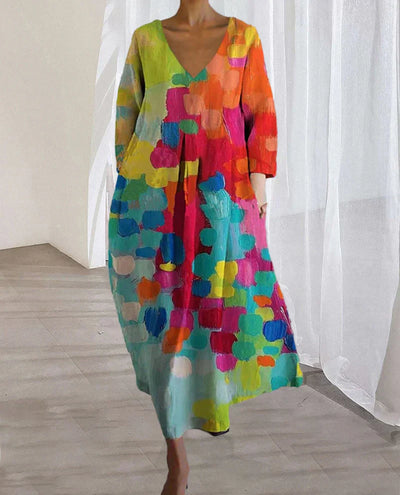 Zavando - Bunt bedrucktes Kleid mit V-Ausschnitt