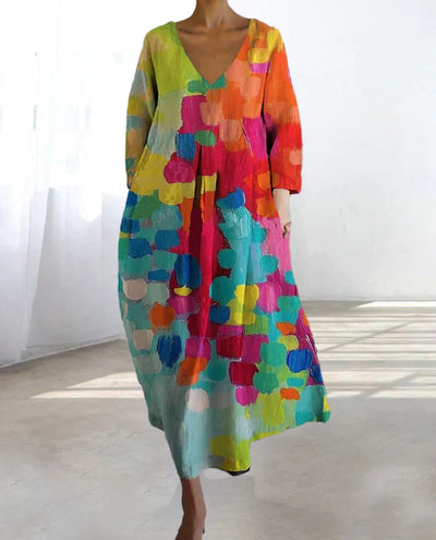 Zavando - Bunt bedrucktes Kleid mit V-Ausschnitt