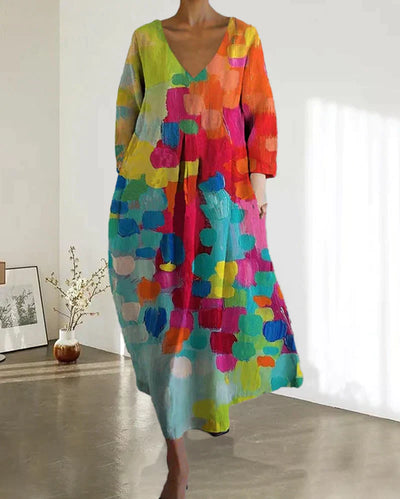 Zavando - Bunt bedrucktes Kleid mit V-Ausschnitt