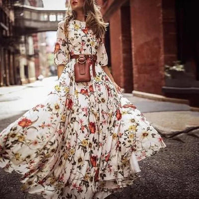 Elegantes Kleid Mit 3/4 Ärmeln Und Gürtel Für Damen | Maxi