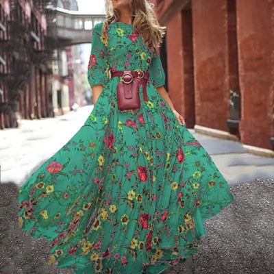 Elegantes Kleid Mit 3/4 Ärmeln Und Gürtel Für Damen | Maxi