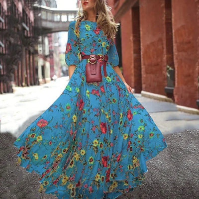 Elegantes Kleid Mit 3/4 Ärmeln Und Gürtel Für Damen | Maxi