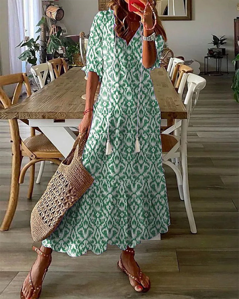 Zavando-Bedrucktes langes Kleid mit V-Ausschnitt und Halbarm