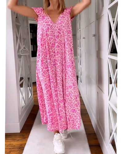 Zavando-Langes Kleid mit V-Ausschnitt und kurzen Ärmeln