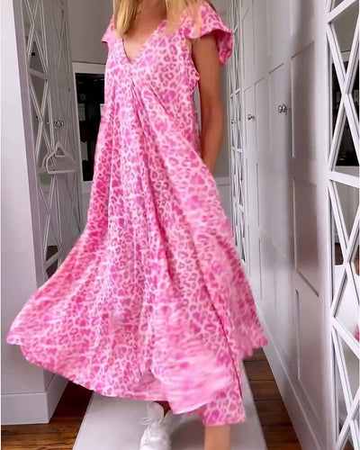 Zavando-Langes Kleid mit V-Ausschnitt und kurzen Ärmeln