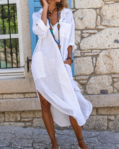 Zavando-Einfarbiges Hemdkleid mit langen Ärmeln