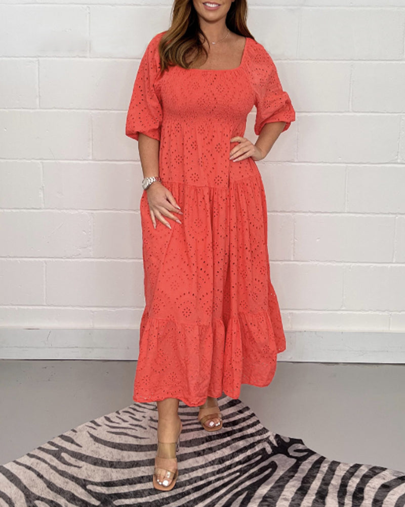 Zavando-Einfarbiges, hohles Kleid mit eckigem Kragen