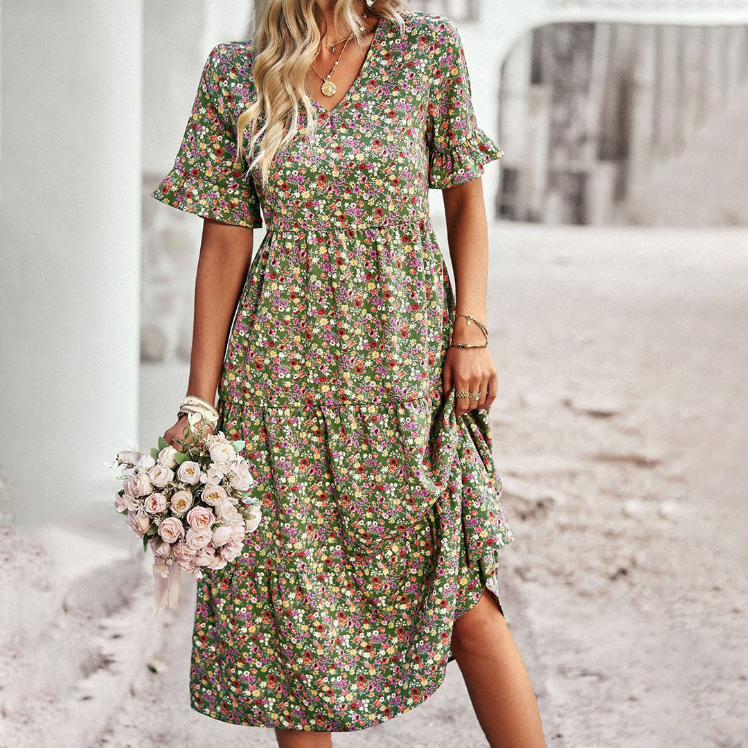 Zavando – Luftiges Boho Midikleid mit Blumenmuster und V-Ausschnitt