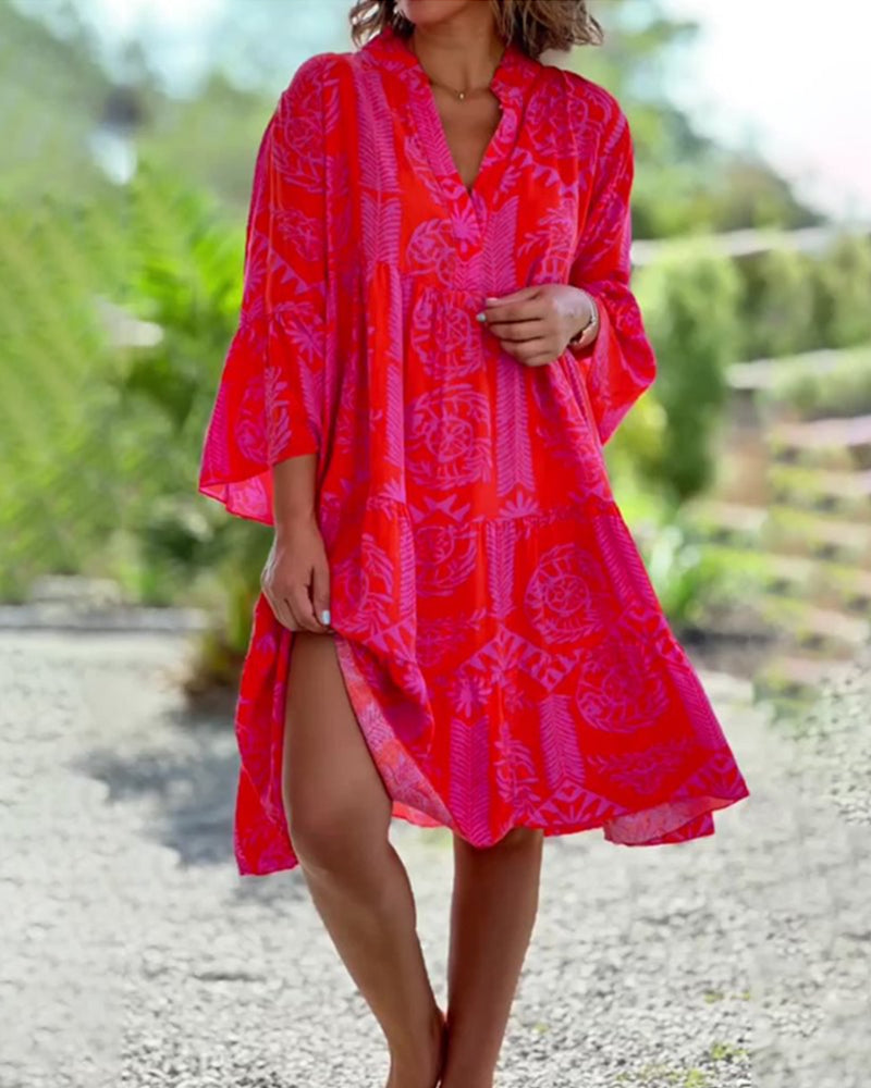 Zavando - Kleid mit 3/4-Ärmeln und Geometrischem Boho-Print