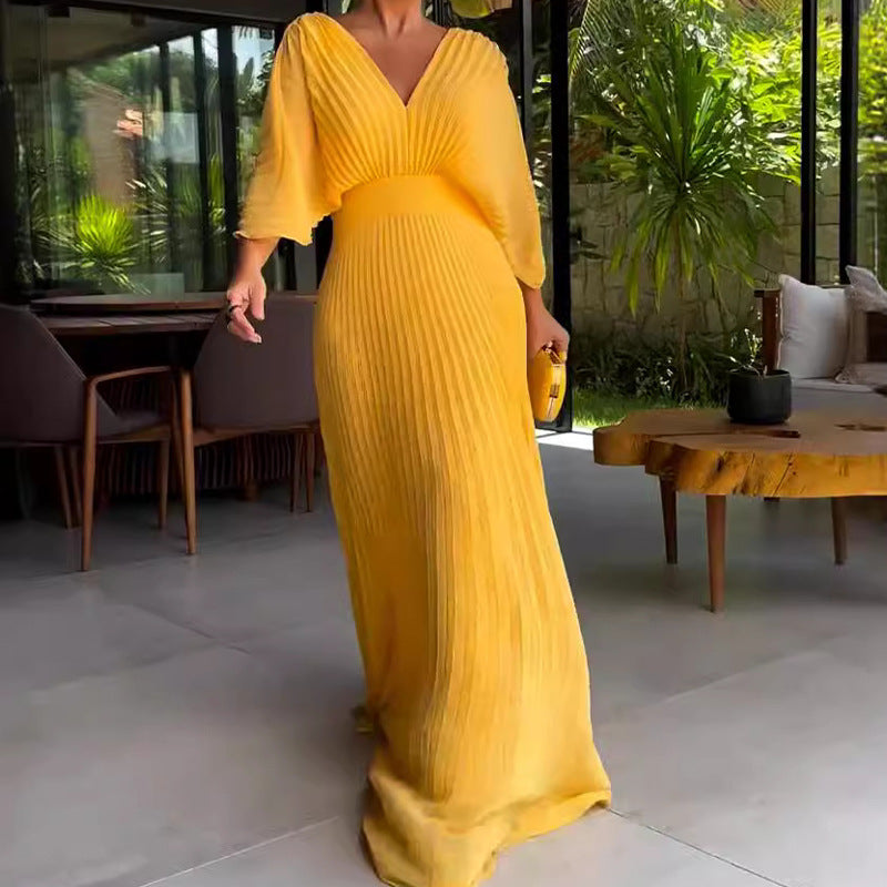Damen Maxikleid mit Falten und V-Ausschnitt