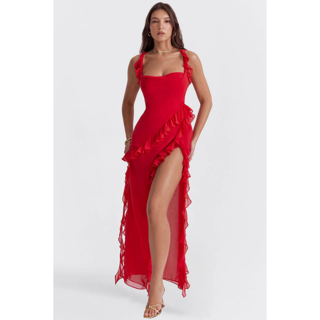 Zavando-Damen Gerüschte Sphagetti Ärmel Oberschenkelschlitz Kleid