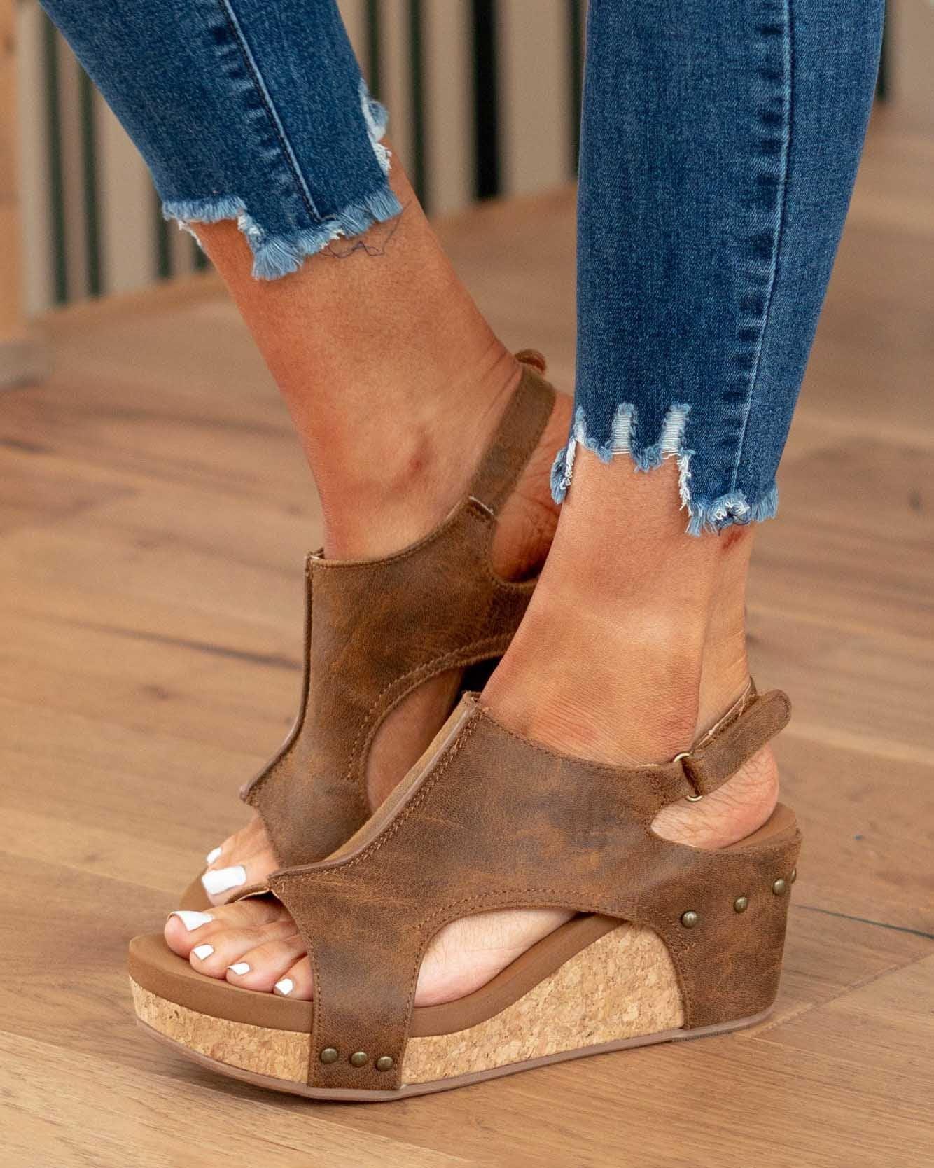 Zavando - Fay Tulum Sandalen komfortable offene Zehe Leder Keile
