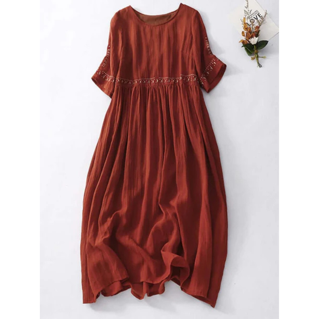 Zavando- Damen Lose Bestickt Rundhalsausschnitt Kleid