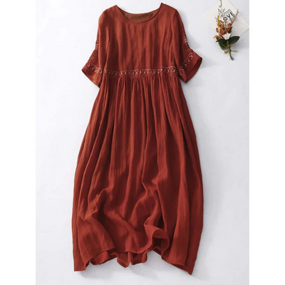 Zavando- Damen Lose Bestickt Rundhalsausschnitt Kleid