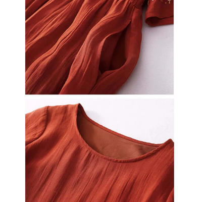 Zavando- Damen Lose Bestickt Rundhalsausschnitt Kleid