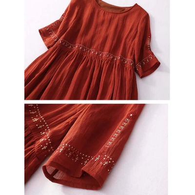 Zavando- Damen Lose Bestickt Rundhalsausschnitt Kleid