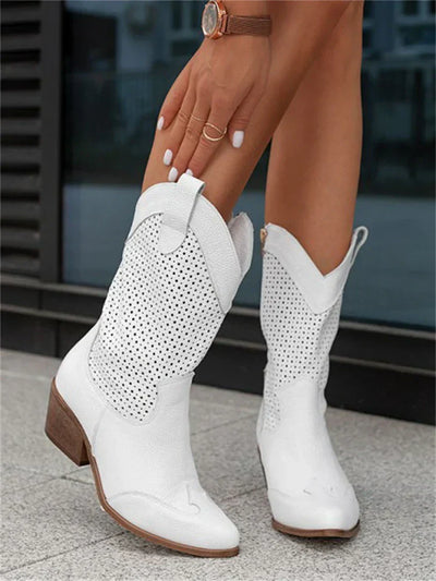 Damen Boots aus veganem Leder mit Blockabsatz und perforiertem Obermaterial