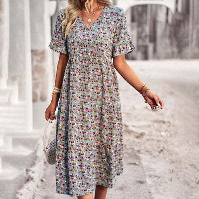 Zavando – Luftiges Boho Midikleid mit Blumenmuster und V-Ausschnitt