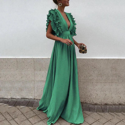 Zavando – Maxikleid mit tiefem V-Ausschnitt und Rüschenärmeln