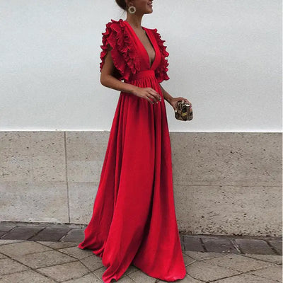 Zavando – Maxikleid mit tiefem V-Ausschnitt und Rüschenärmeln