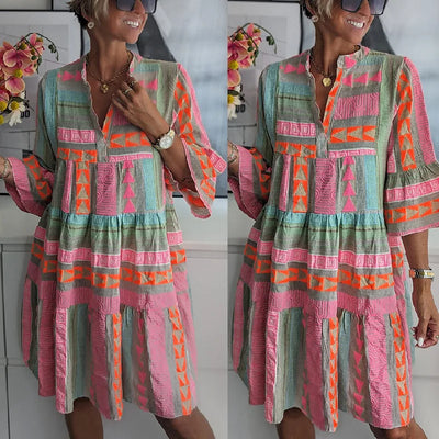 Damenkleid Mit 3/4 Ärmeln Und Geometrischem Muster | Mini