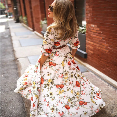Elegantes Kleid Mit 3/4 Ärmeln Und Gürtel Für Damen | Maxi