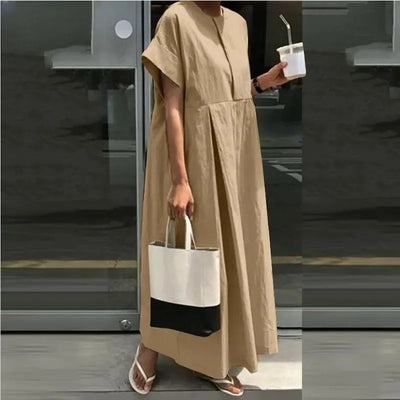 Damen Leinen-Midi-Kleid mit kurzen Ärmeln