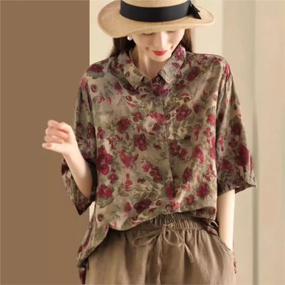 Damen Retro Blumenbluse | Button Down