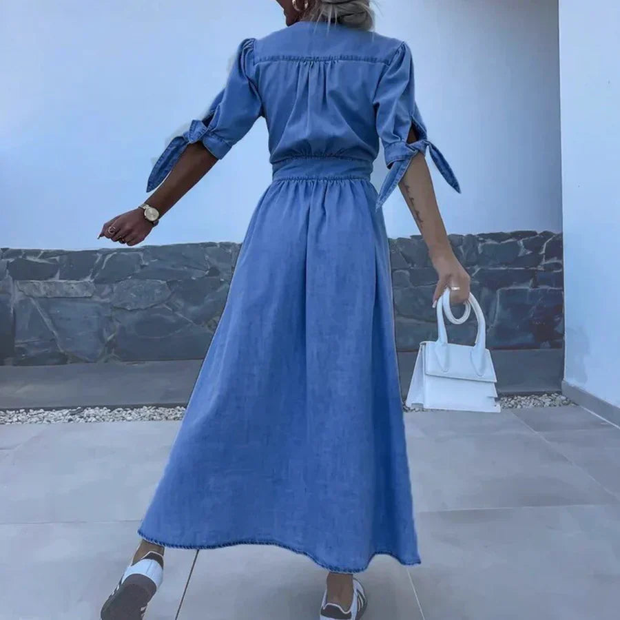 Damen Denim Maxikleid mit V-Ausschnitt