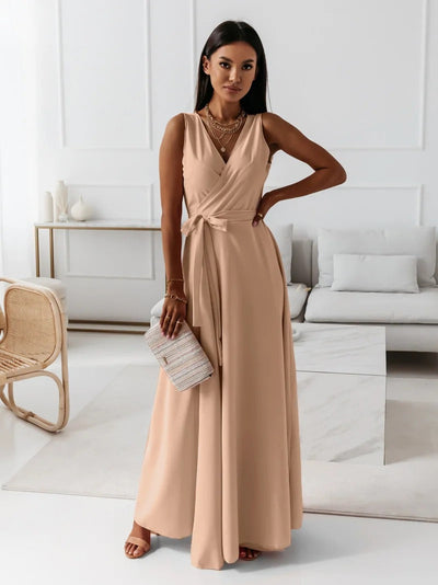 Zavando - Damen einfarbig V-Ausschnitt Langes Kleid