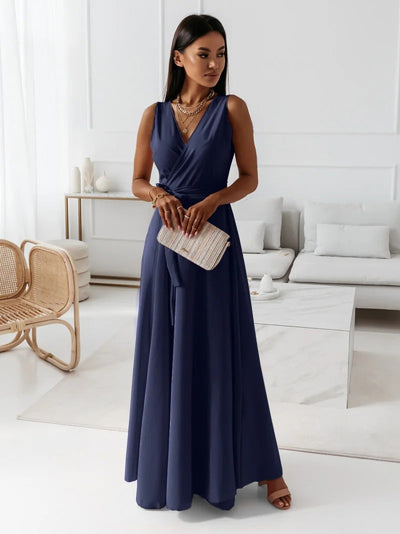 Zavando - Damen einfarbig V-Ausschnitt Langes Kleid