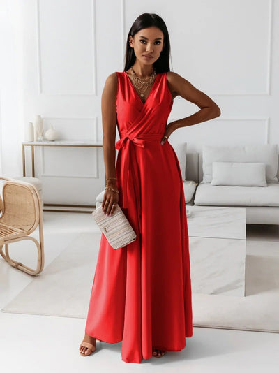 Zavando - Damen einfarbig V-Ausschnitt Langes Kleid