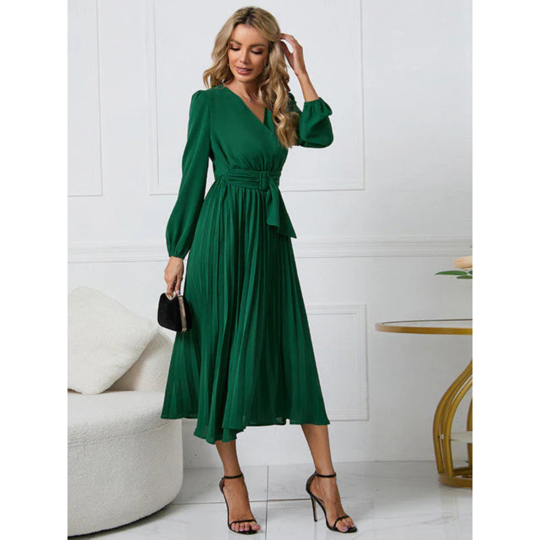 Damen Faltenrock Gürtel Taille V-Ausschnitt Kleid | Midi
