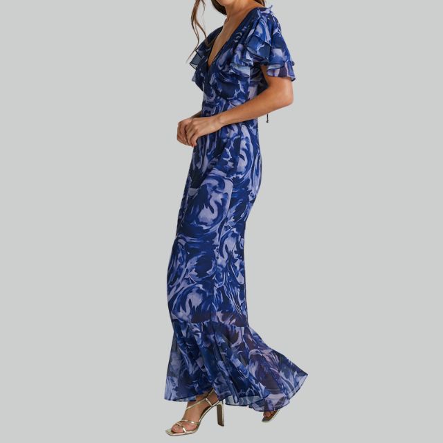 Damen Elegantes Rüschen V Ausschnitt Stylisches Kleid | Maxi