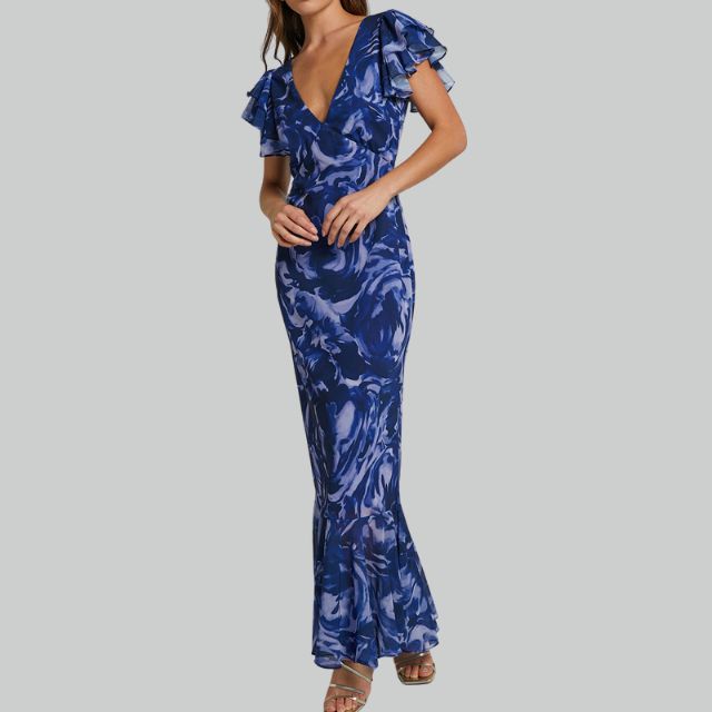Damen Elegantes Rüschen V Ausschnitt Stylisches Kleid | Maxi